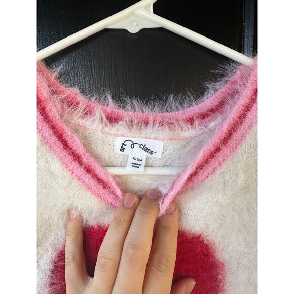 Fuzzy Heart Knit Short Sleeve Sweater Top White Pink Red Women Y2K Soft Tee - Picture 2 of 3